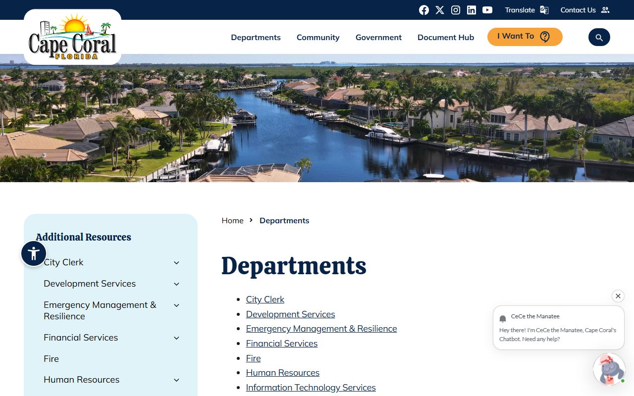 Cape Coral phone directory showing city departments listing