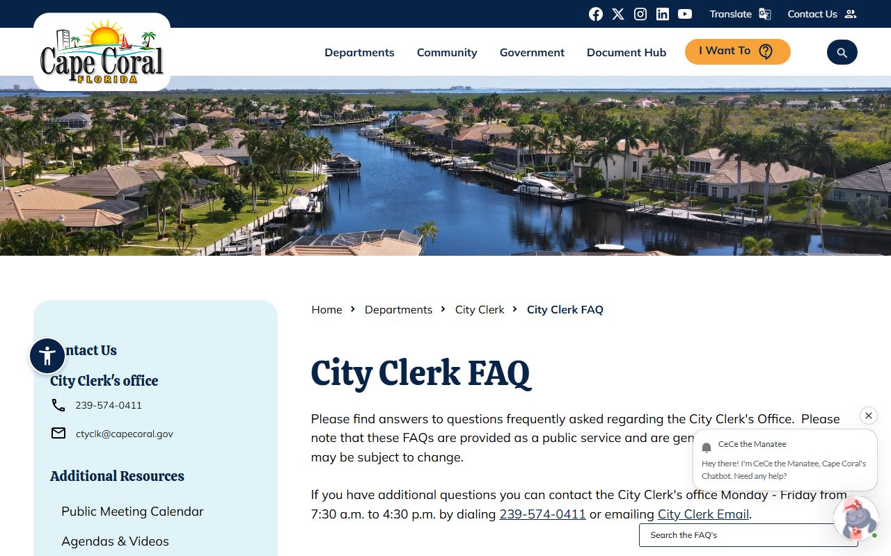 Cape Coral phone directory and public records FAQ page
