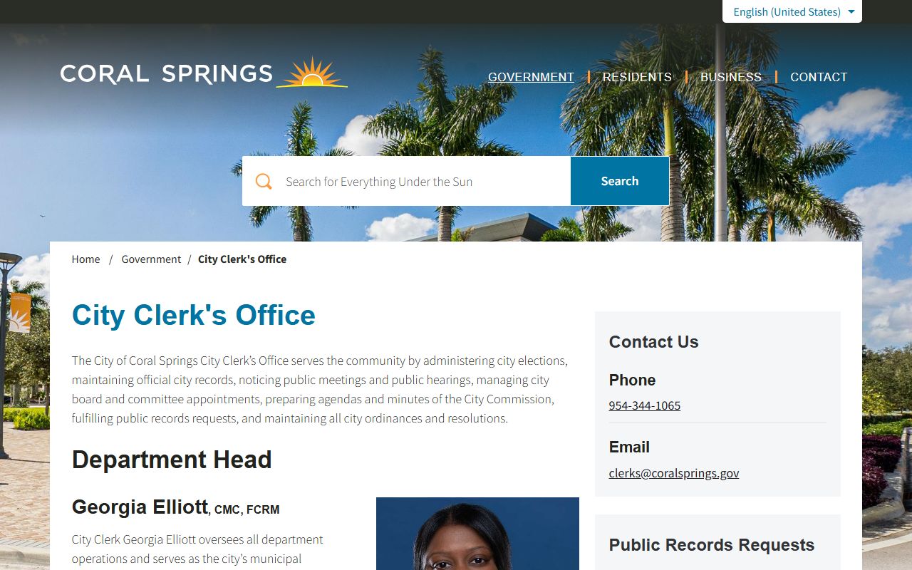 Coral Springs City Clerk home page phone directory contacts