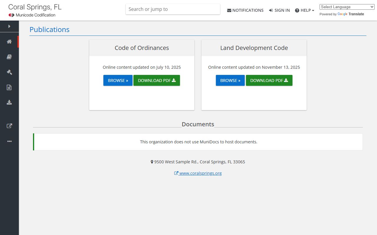 Coral Springs code of ordinances phone directory Municode page