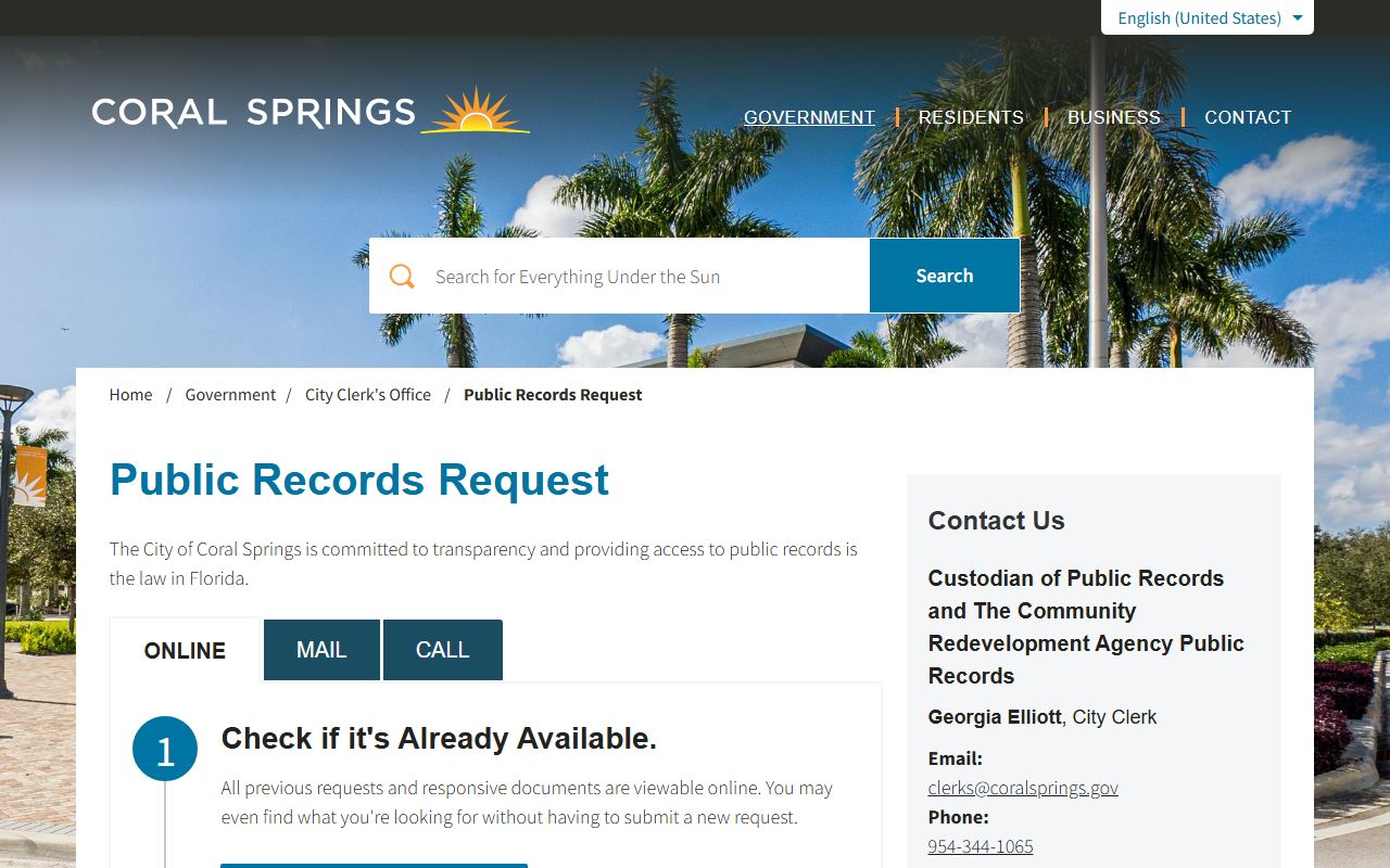 Coral Springs public records request info phone directory page
