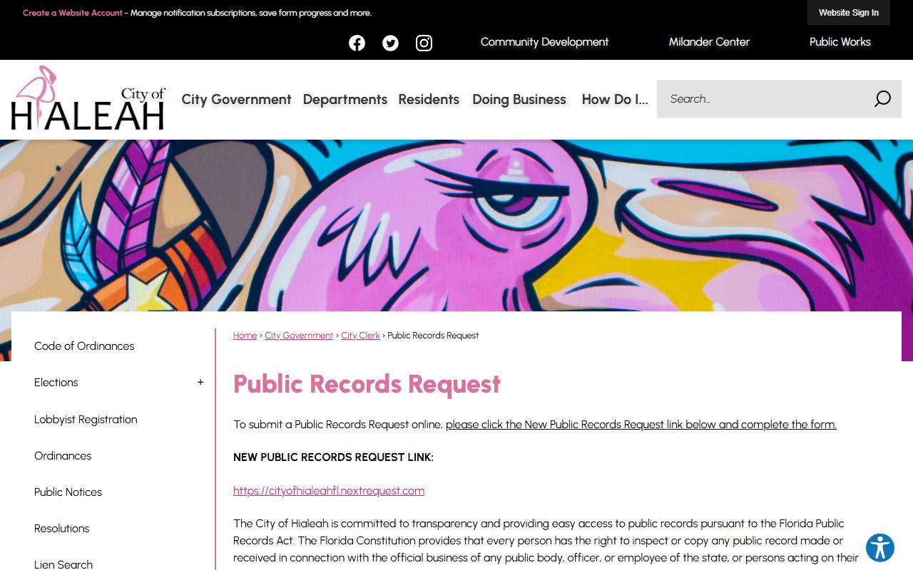 Hialeah phone directory and public records request page