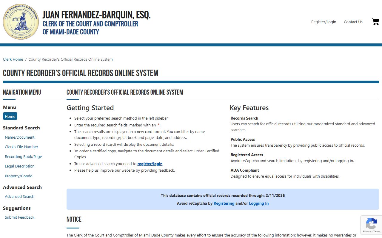 Miami-Dade Clerk official records search phone directory for Miami area