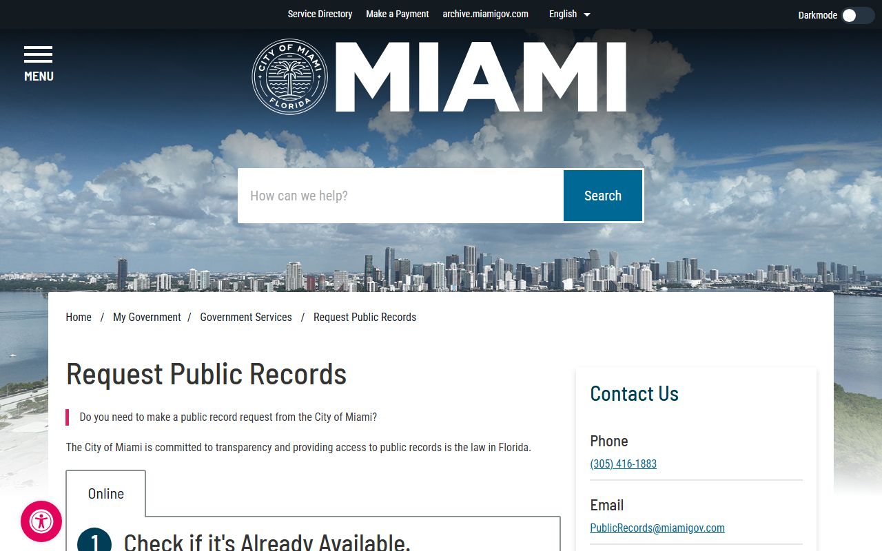 Miami phone directory public records request page with submission instructions