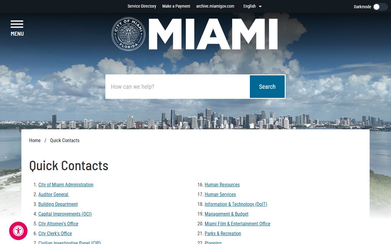Miami city phone directory Quick Contacts page showing department numbers