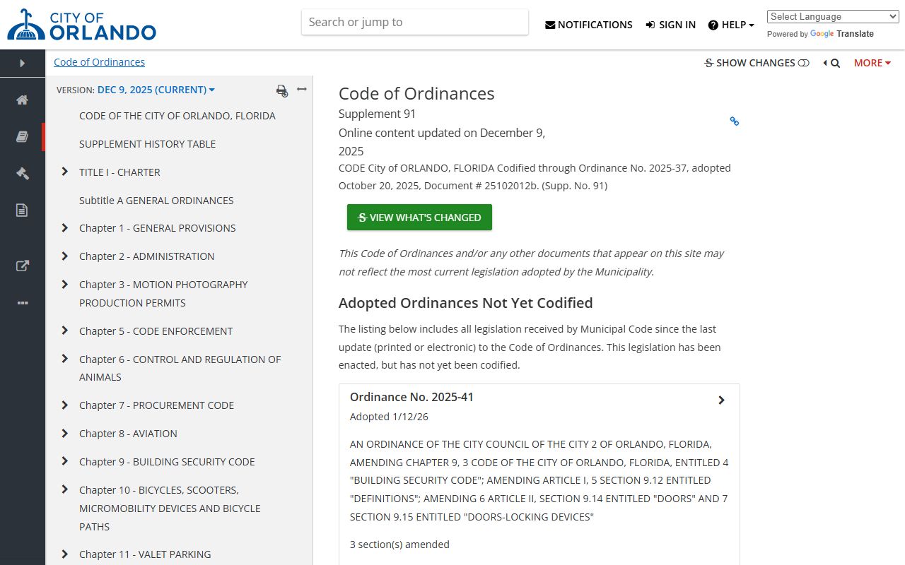 Orlando city code and ordinances phone directory legal reference on Municode