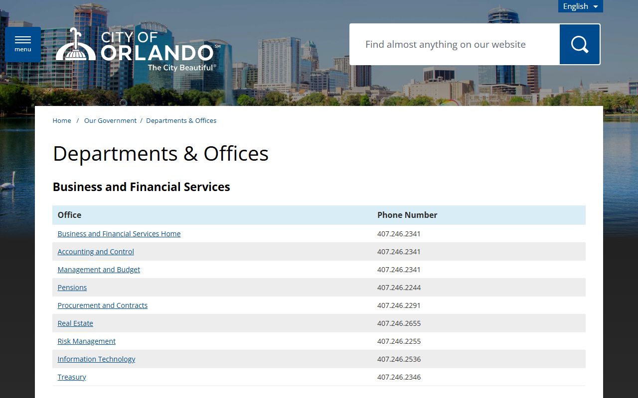 Orlando city departments and offices phone directory page
