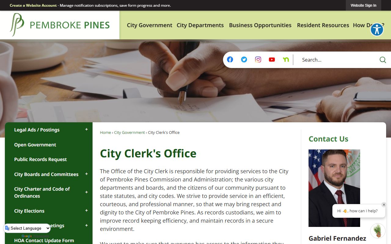 Pembroke Pines phone directory City Clerk's Office page