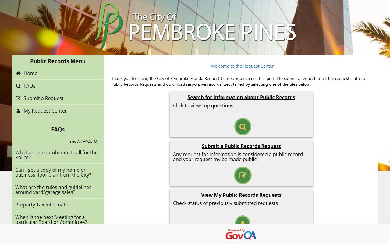 Pembroke Pines phone directory GovQA support home page