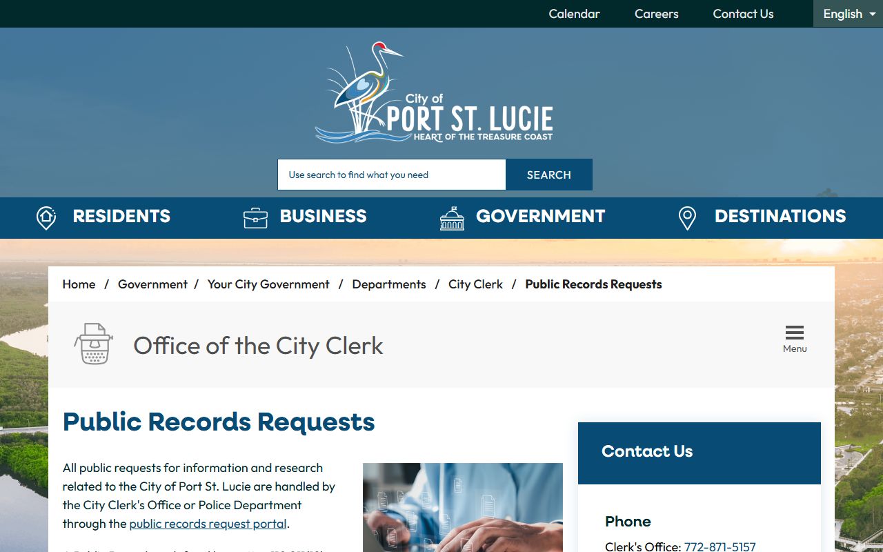 Port St. Lucie public records request page for phone directory lookups