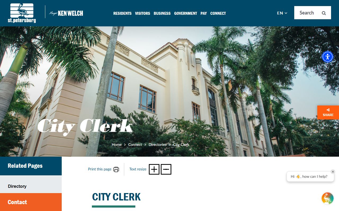 St. Petersburg city clerk website for phone directory and official records