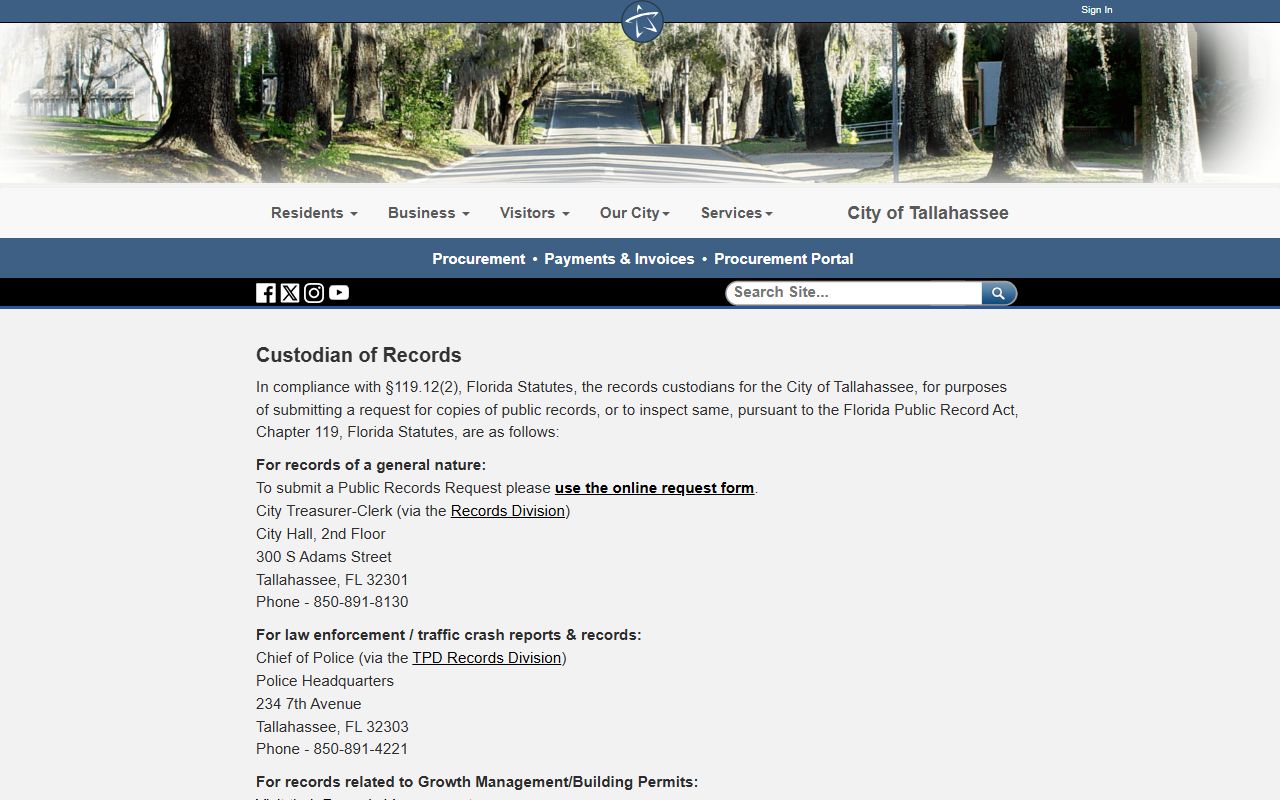 Tallahassee phone directory custodian of records page