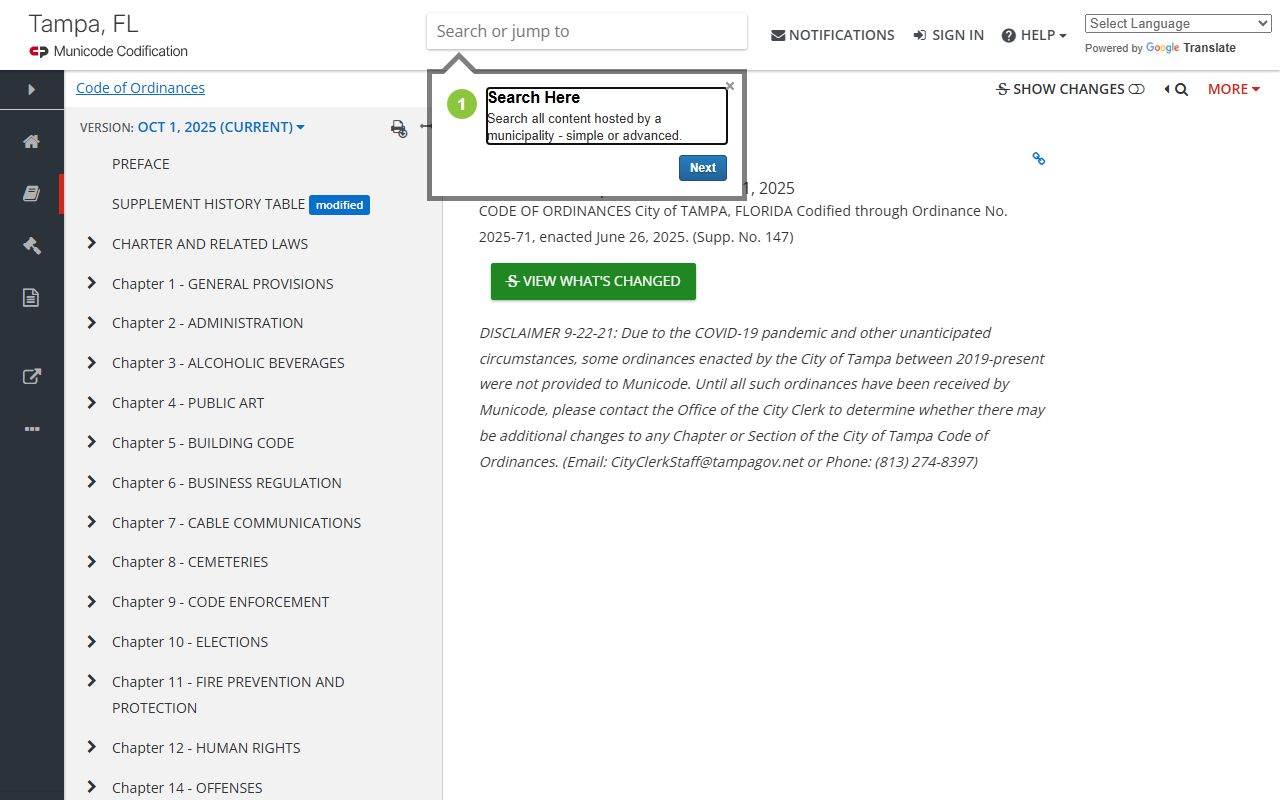 Tampa city charter and ordinances phone directory resource on Municode