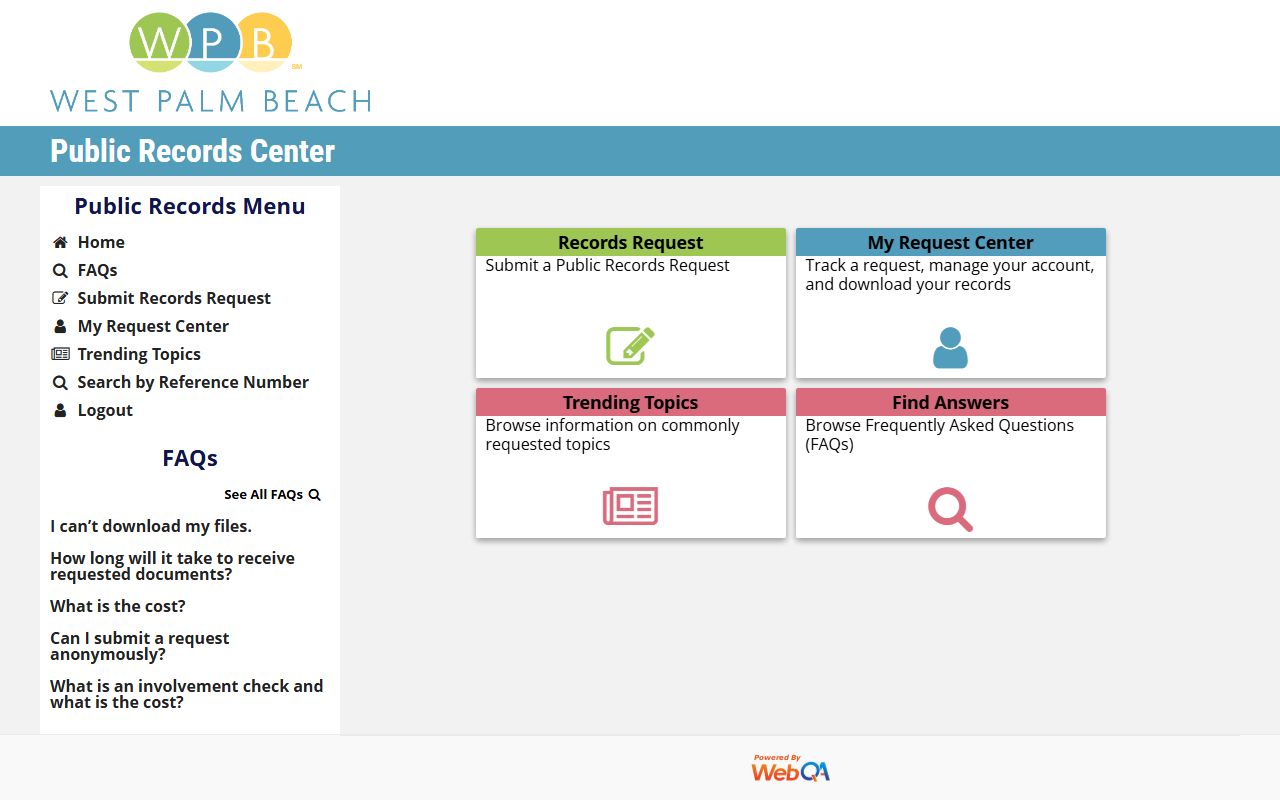 West Palm Beach public records center phone directory GovQA portal