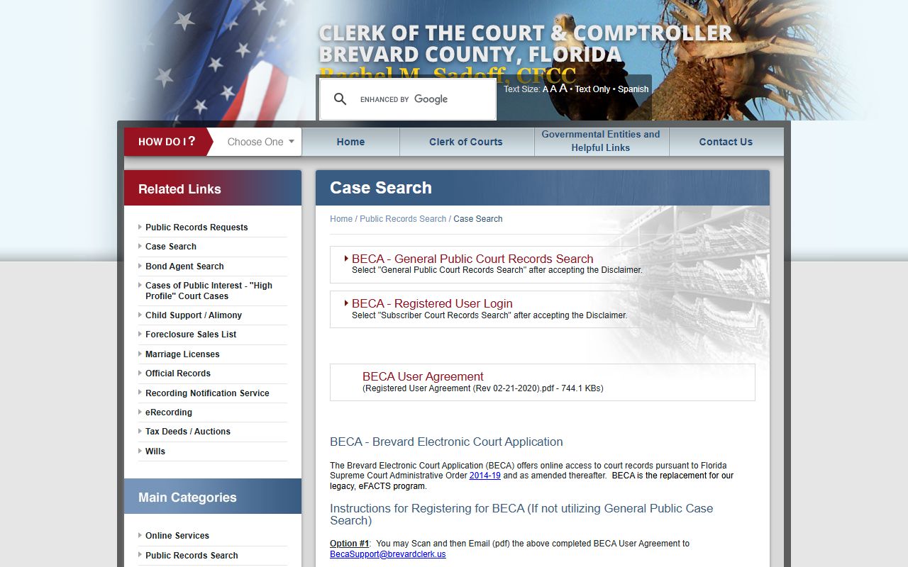 Brevard County BECA electronic court application for searching case records