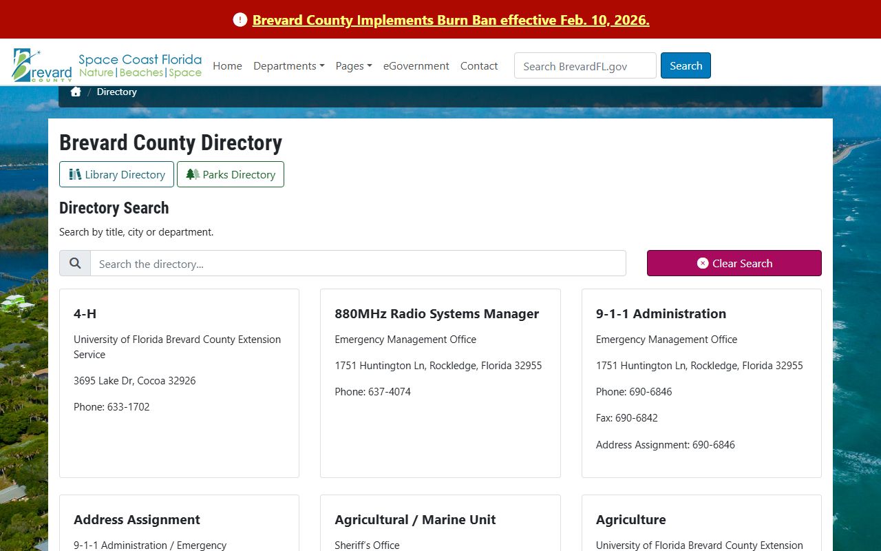 Brevard County government department directory with phone numbers and contacts