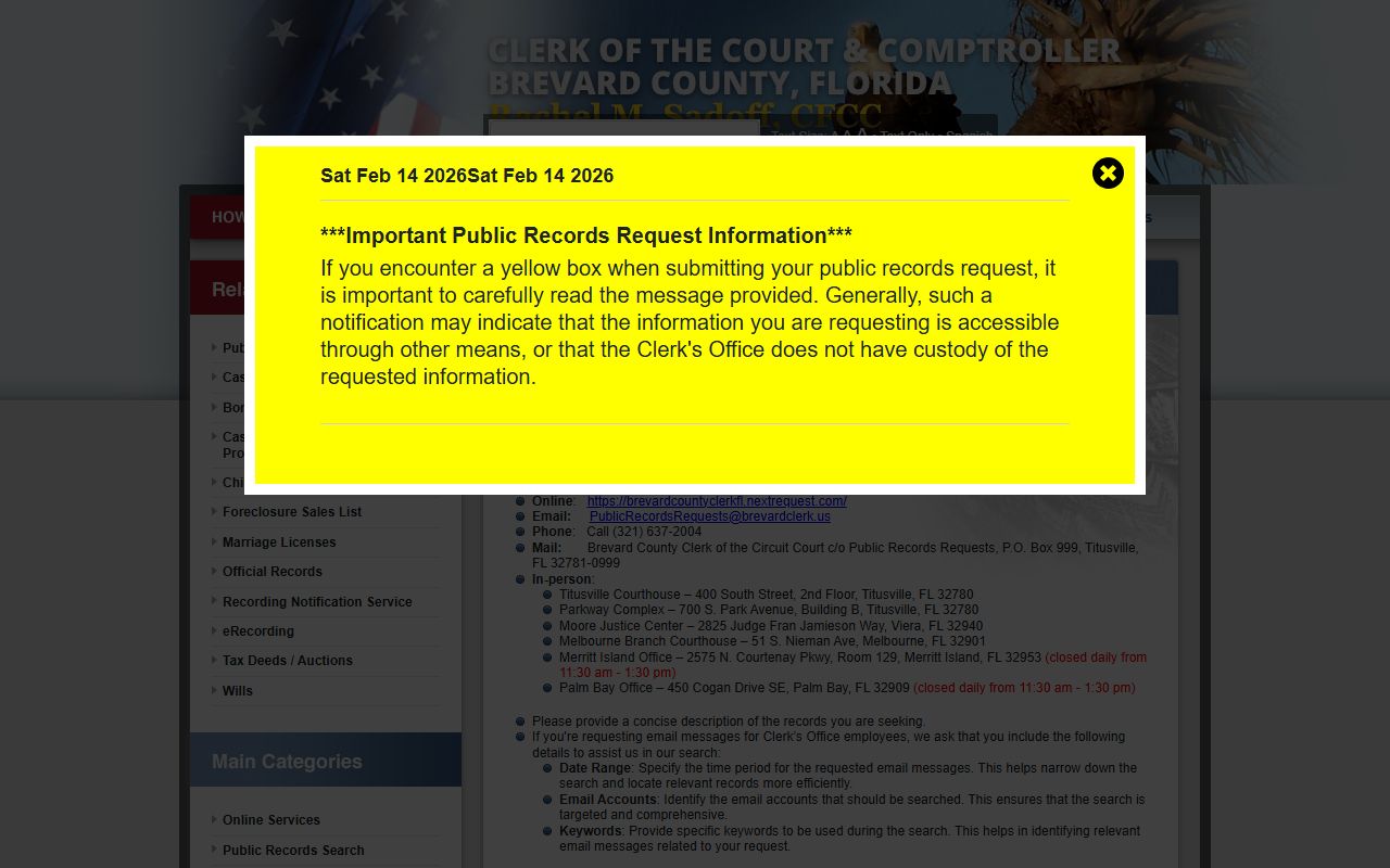 Brevard County Clerk public records request page with phone and email contacts