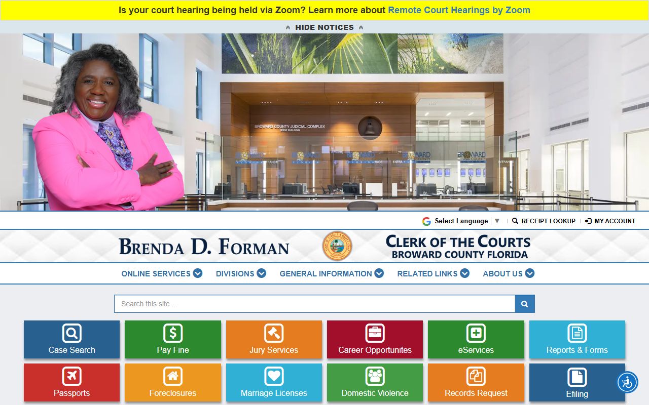 Broward County Clerk of Courts website home page with phone directory and online services