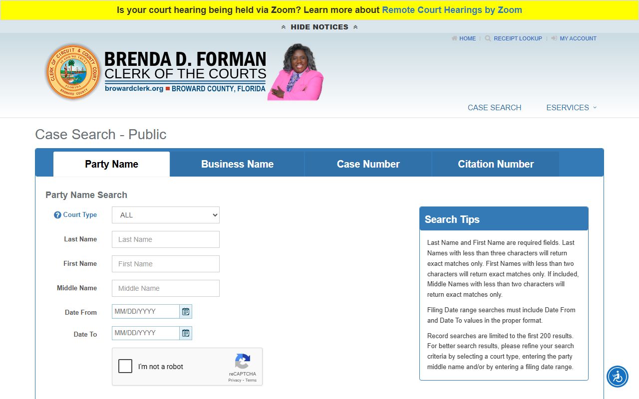 Broward County court case search tool for looking up civil and criminal cases
