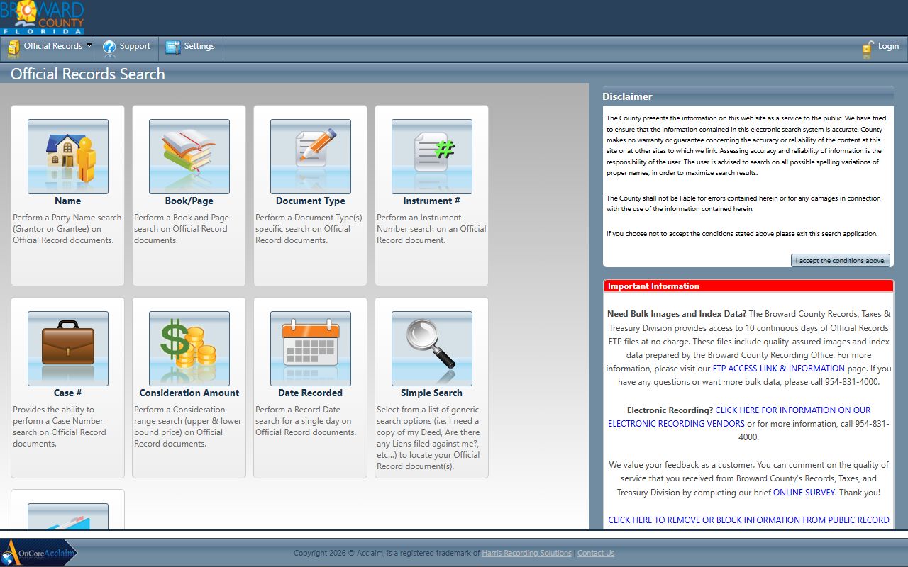 Broward County official records search system for document and phone directory lookups