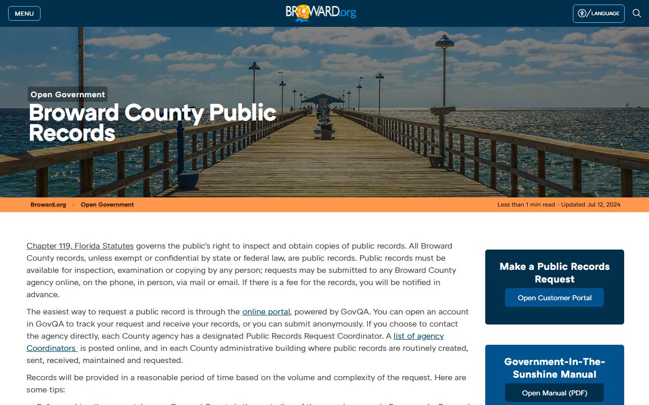 Broward County public records request portal for phone directory and government records
