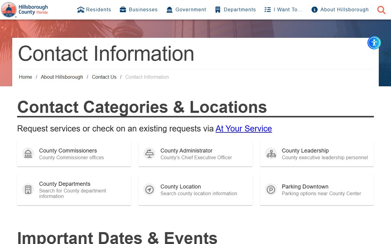 Hillsborough County government contact information page showing department phone numbers