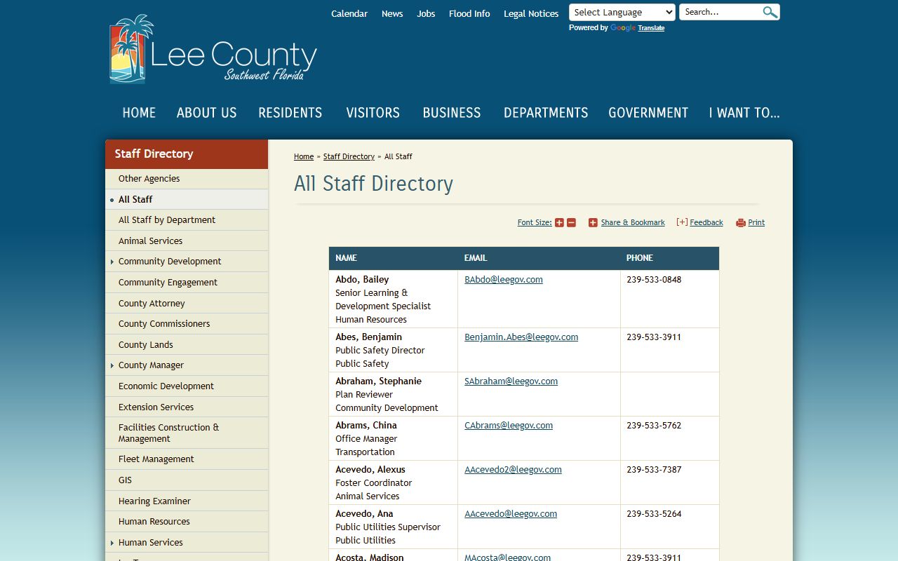 Lee County staff directory search tool for finding government phone numbers and contacts