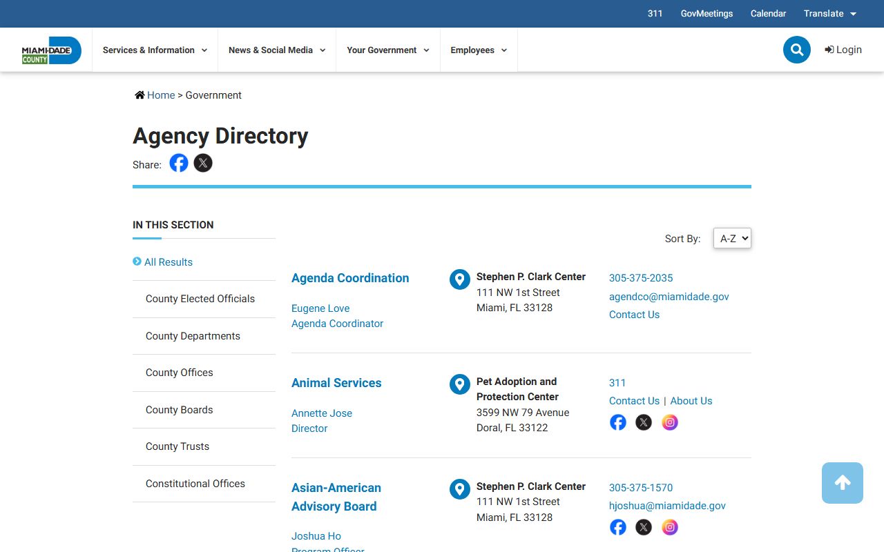Miami-Dade County agency phone directory listing all government departments and contacts