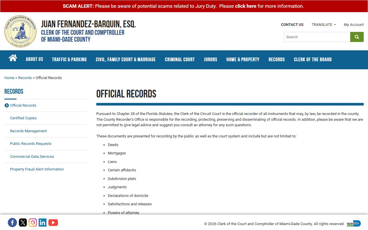 Miami-Dade County official records search tool showing document lookup options