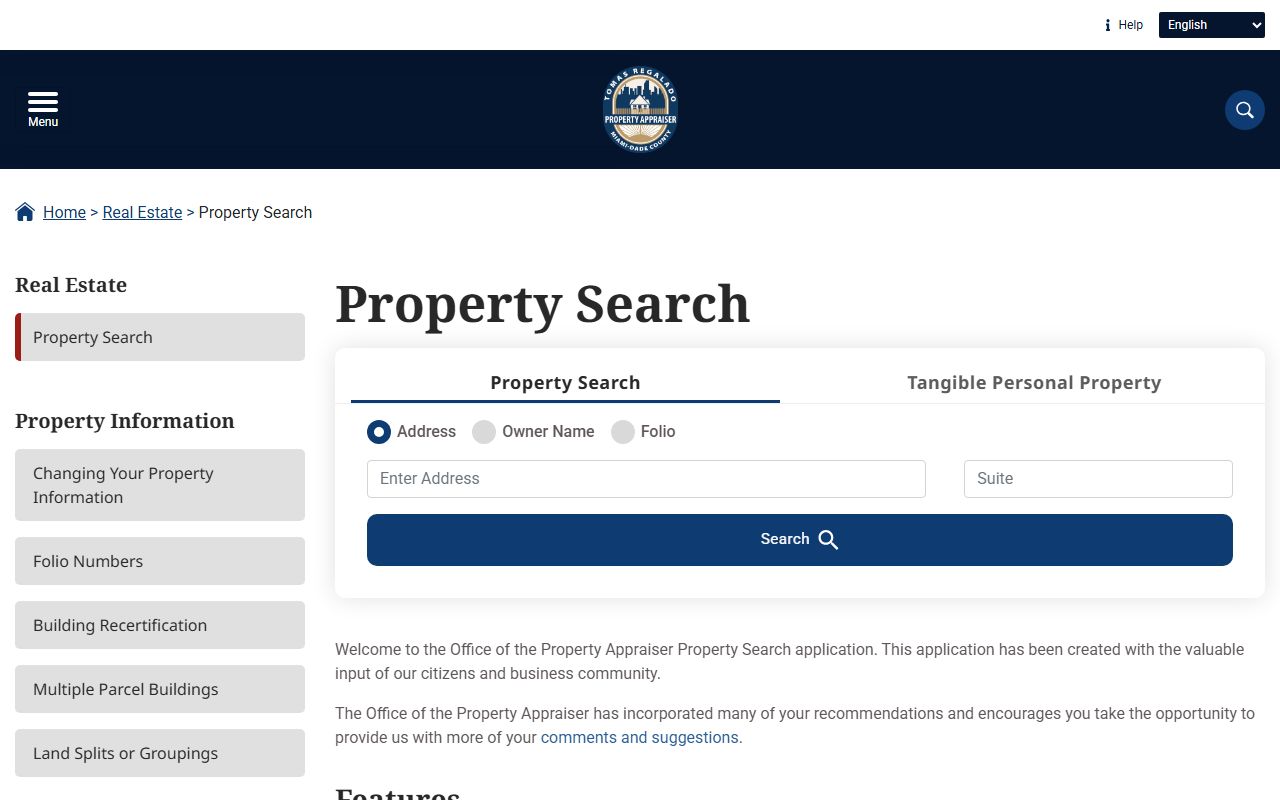 Miami-Dade County property search portal showing real estate lookup options
