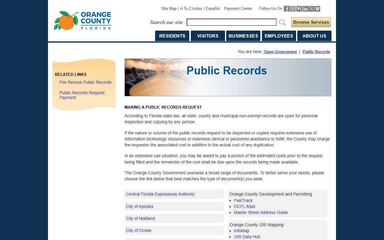 Orange County public records request page with submission options and phone directory info