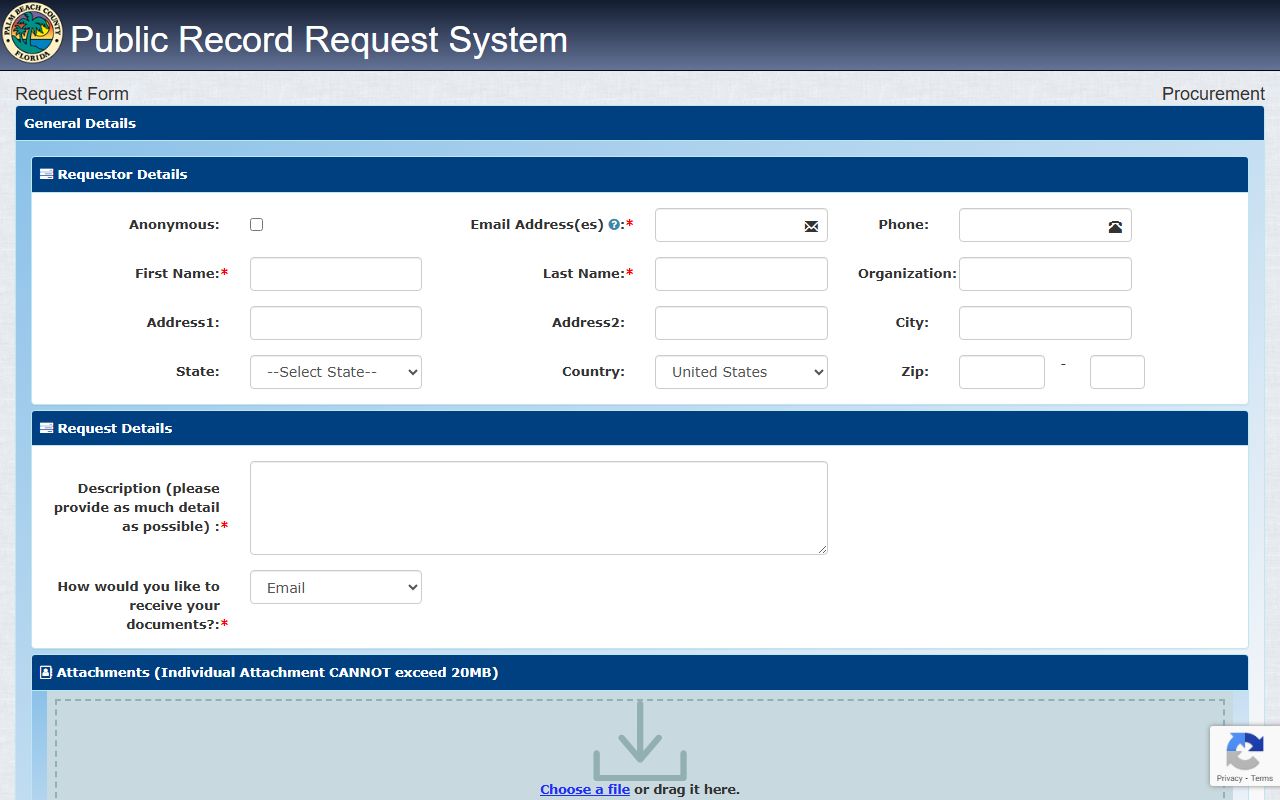Palm Beach County electronic public records request application portal
