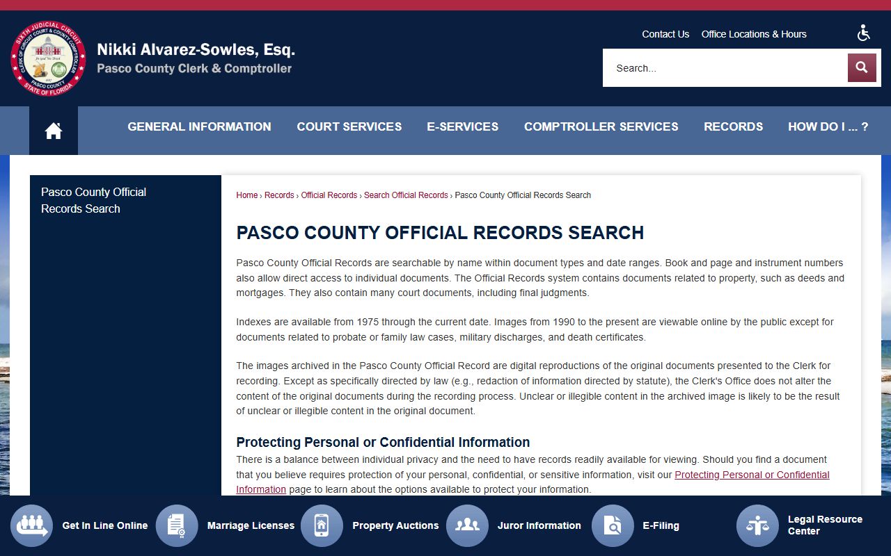Pasco County official records search tool for deeds mortgages and liens