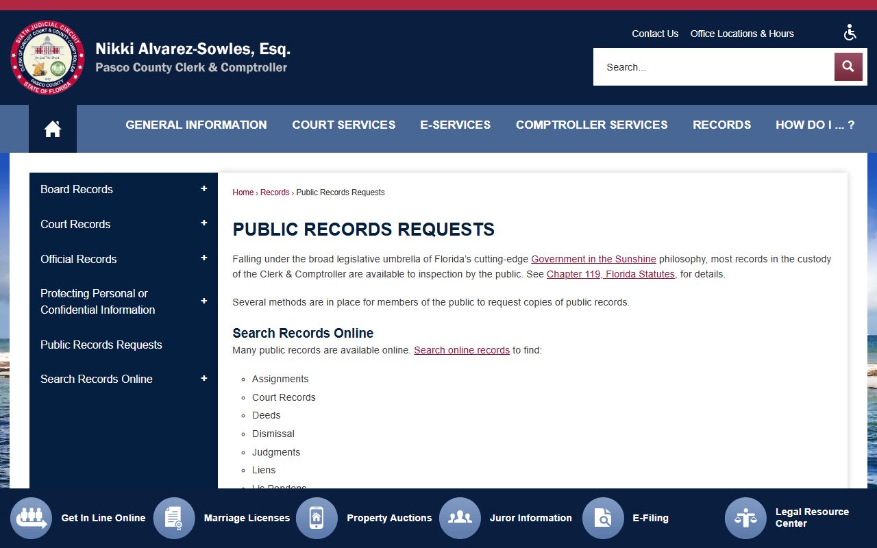 Pasco County public records request page with contact info and filing instructions