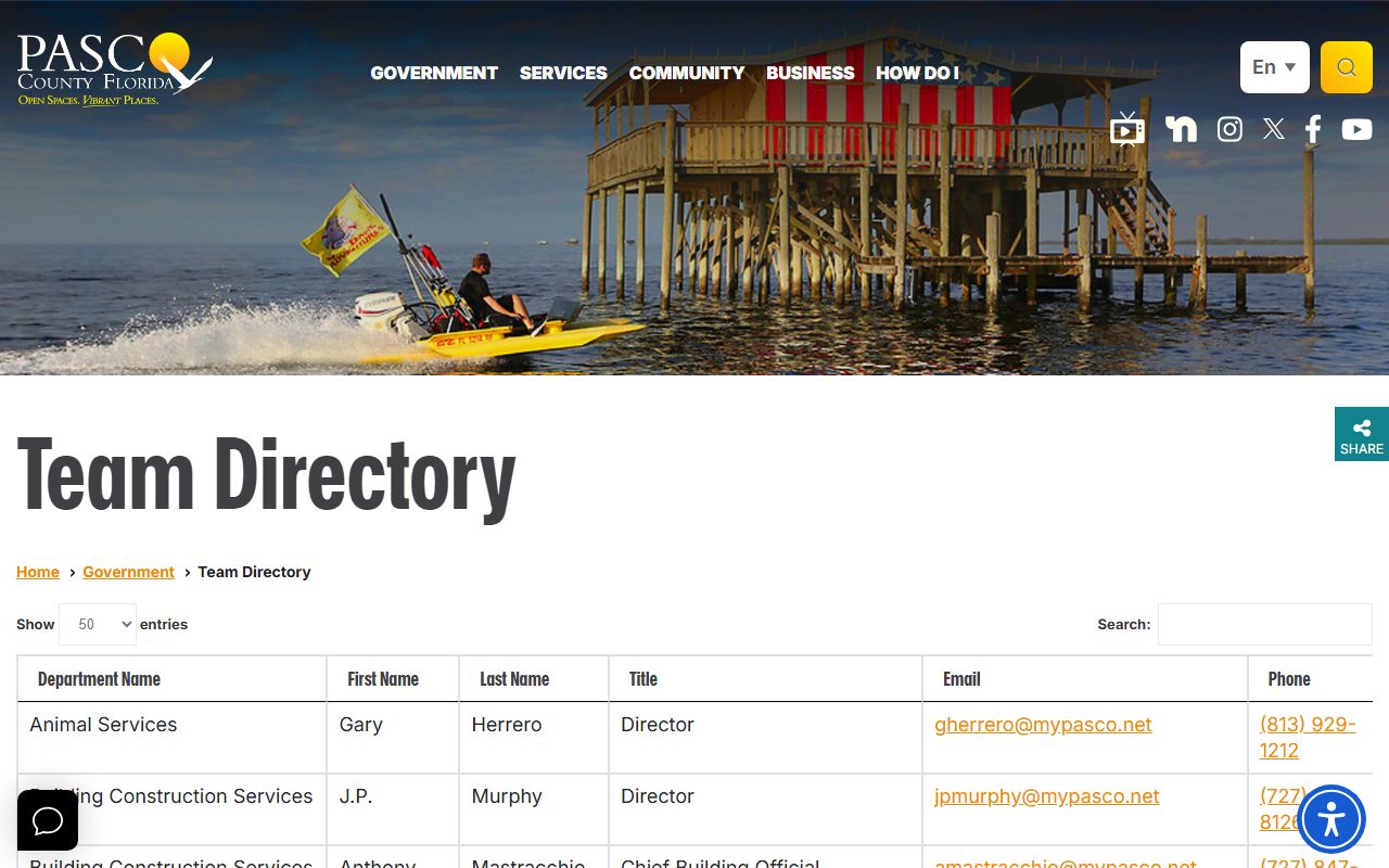 Pasco County team directory showing searchable staff phone numbers and emails