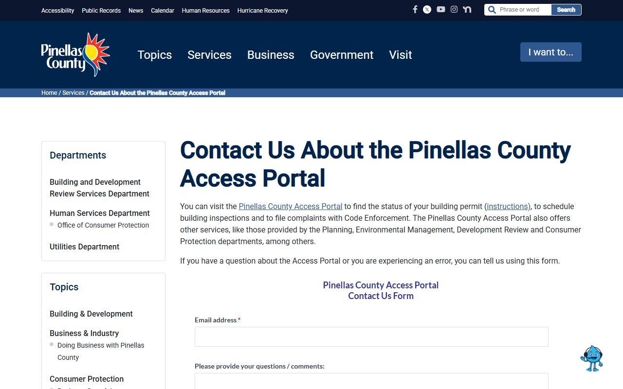 Pinellas County contact us page with government department phone directory listings