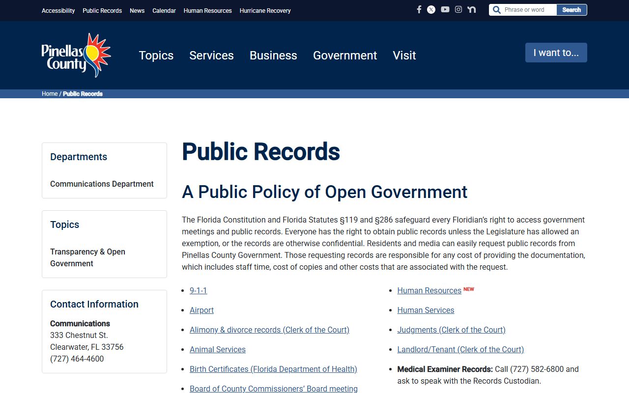 Pinellas County public records request page for accessing phone directory and government records