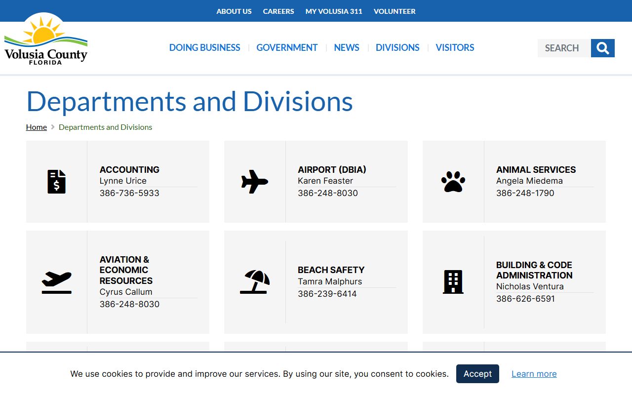Volusia County departments and divisions phone directory with contact names