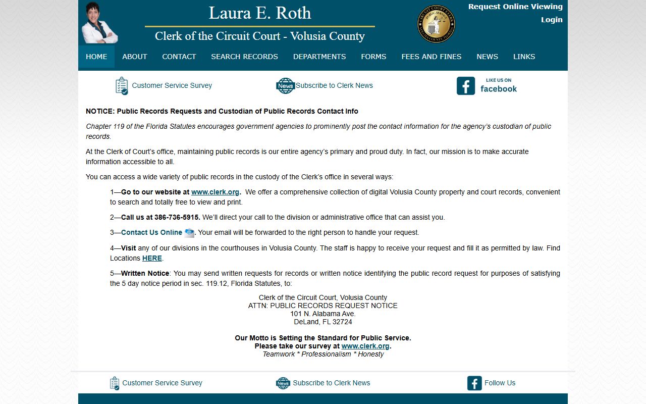 Volusia County public records custodian page for submitting records requests