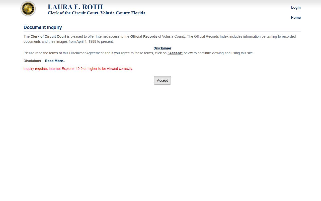 Volusia County official records login page for property and document searches