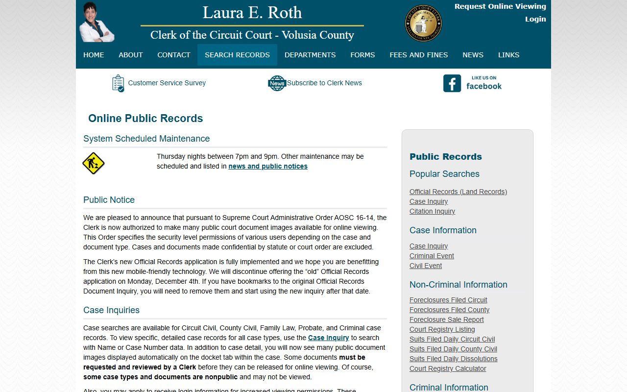 Volusia County search records page for court case and citation searches