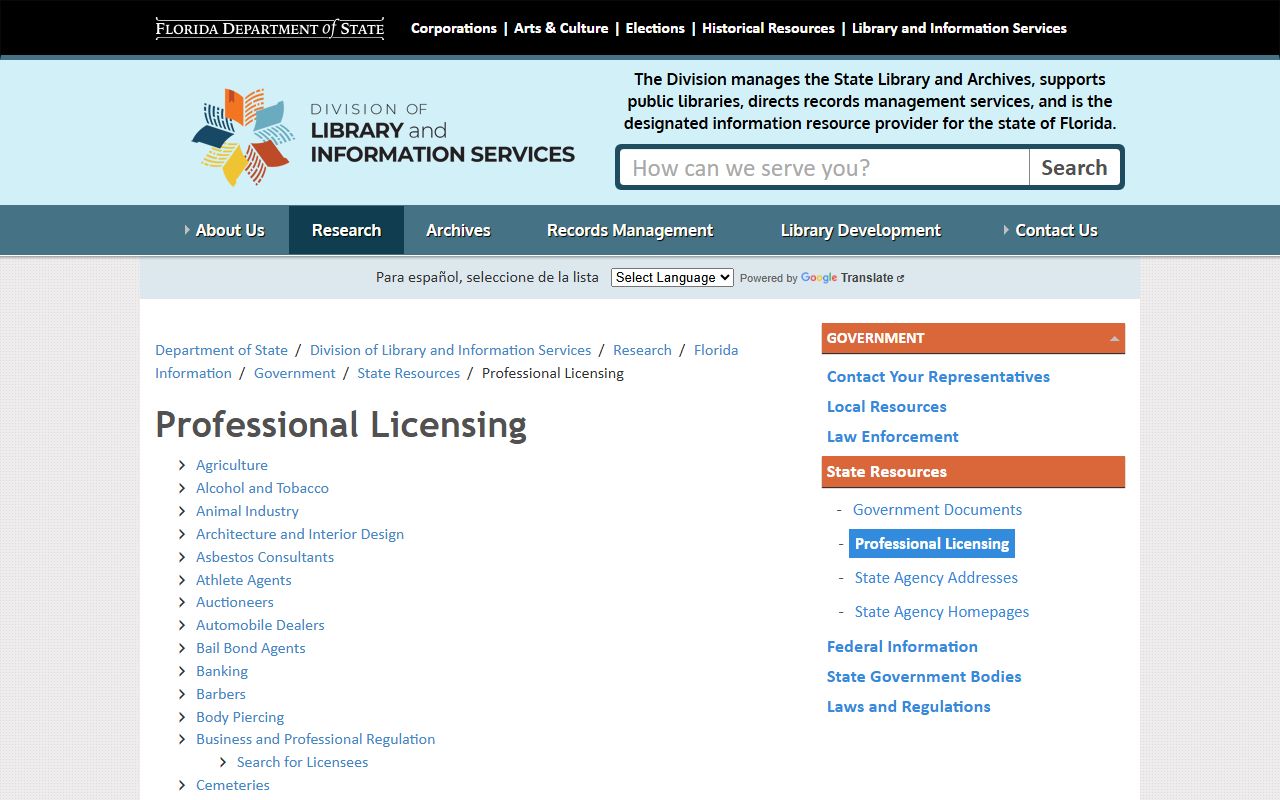 Florida professional licensing phone directory and board contacts